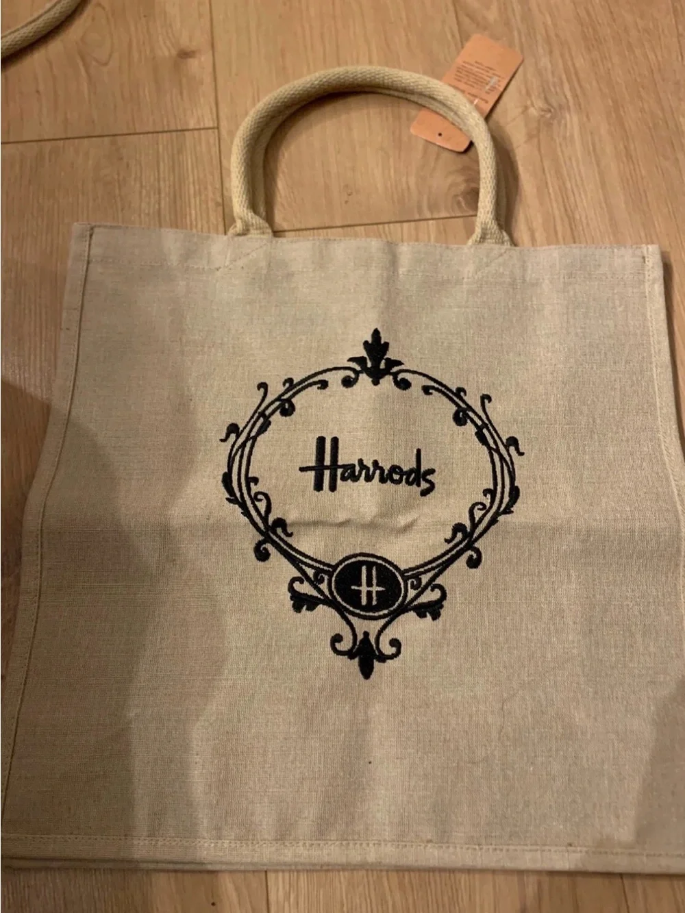 Harrods Natural Canvas Tote with Black Emblem